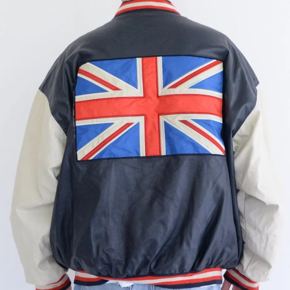 Vintage 90S Steve And Barrys British Flag Navy And Cream Wool Blend Faux Leather - Picture 3 of 16